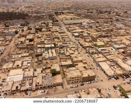 Aerial wide panorama of the west part of Nouakchott, Mauritania  At the background appears the Mosque Marocaine