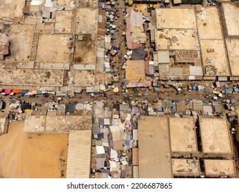 Aerial Wide Picture Of A Street Market Crossroad With The Streeets Full Of Stalls Covered With Awnings  Nouakchott, Mauritania 