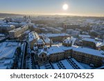 Aerial winter morning sunrise view of cold frozen snowy Vilnius, Lithuania
