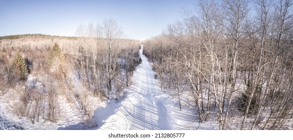 Aerial Winter Snow Mobile Trail In Northern Ontario Canada