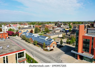An aerial of Woodstock, Ontario, Canada city center