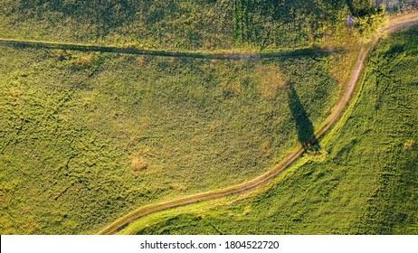 Aerial Zenith View Of Countryside Path Into Green Meadow