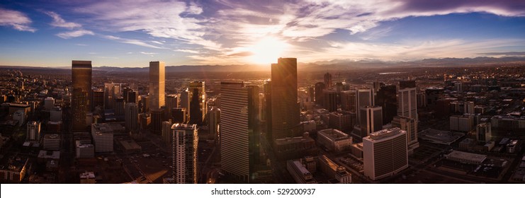 Aerial/Drone panorama.  Capital city of Denver Colorado at sunset