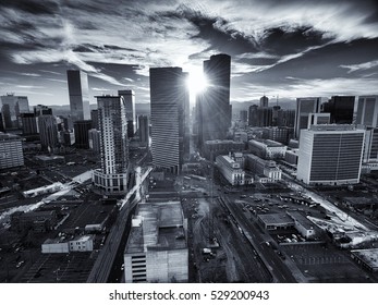 Aerial/Drone photo.  Black and white image of the capital city of Denver Colorado at sunset