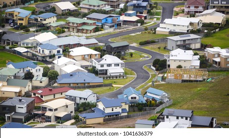 Aerial/elevated View Of Residential Houses And Suburban Street In A Typical Australian Rural Town. Apollo Bay, VIC Australia.