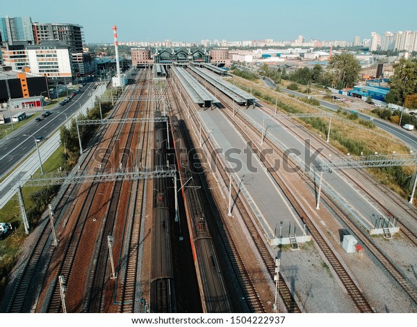 Aerialphoto train depots, rail tracks,\
interchanges and trains. St. Petersburg,\
Russia
