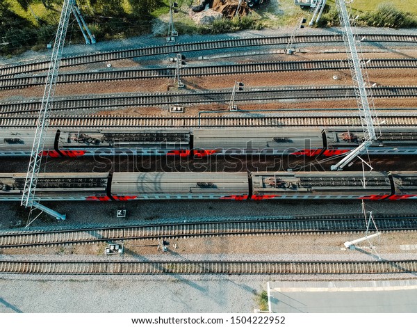 Aerialphoto train depots, rail tracks,\
interchanges and trains. St. Petersburg, Russia.\
Flatley.
