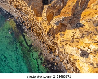 Aerialview landscape Portugal Algarve, ocean, rocks, turquoise coast, water, stones.
