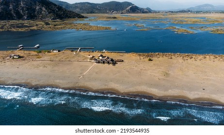 Aeriel Scenic Drone View  To Iztuzu Beach And The Dalyan River Delta Or Lake Sulungur. Explore Natural Wonders Of Turkey. Travel Destination