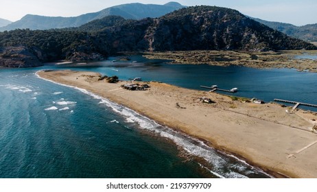 Aeriel Scenic Drone View  To Iztuzu Beach And The Dalyan River Delta Or Lake Sulungur. Explore Natural Wonders Of Turkey. Travel Destination