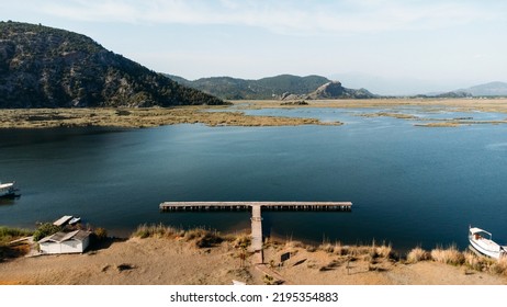 Aeriel Scenic Drone View  To Iztuzu Beach And The Dalyan River Delta Or Lake Sulungur. Explore Natural Wonders Of Turkey. Travel Destination