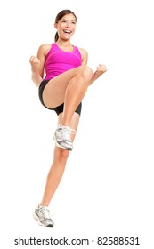 Aerobics Fitness Woman Instructor Exercising Isolated In Full Body. Happy Smiling And Energetic Fit Female Fitness Model In Pink Top.