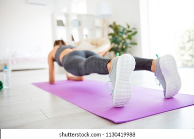 Aerobics Gymnastics Vitality Active Stylish Life Crossfit Coach Home Gym Weightloss Concept. Rear Back Behind Low Angle View Close Up Photo Of Lady Standing On Elbows Doing Plank Testing Her Body