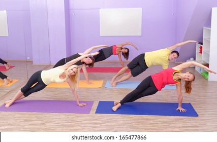 Aerobics Hot Pilates Class With Yoga Balls In A Row On Fitness Class