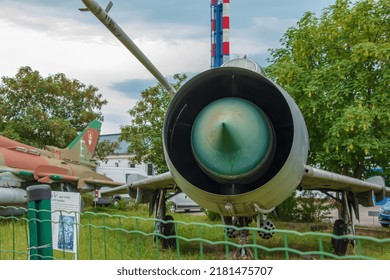 Aeroclub, Nitra, Slovakia - 06.13.2022: Sukhoi Su7 Fitter-A Fighter-bomber, Swept Wing, Cold War, Soviet Planes.