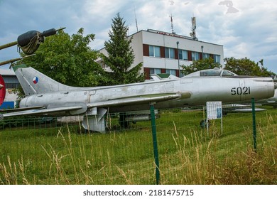 Aeroclub, Nitra, Slovakia - 06.13.2022: Sukhoi Su7 Fitter-A Fighter-bomber, Swept Wing, Cold War, Soviet Planes.