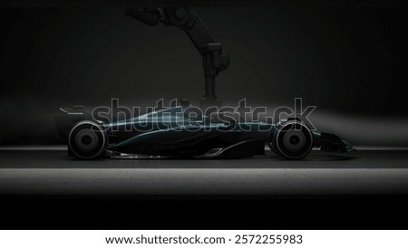 Aerodynamic race car undergoing testing in a wind tunnel. Captivating silhouette highlights advanced design and high-tech performance optimization