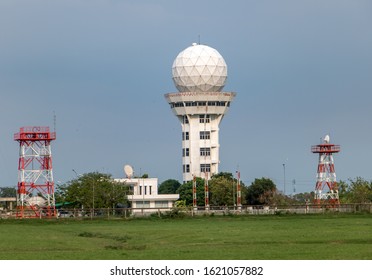 Aeronautical meteorological observations station tower with spherical radar antenna.Control tower with weather radar on airport, on blue sky background. - Shutterstock ID 1621057882
