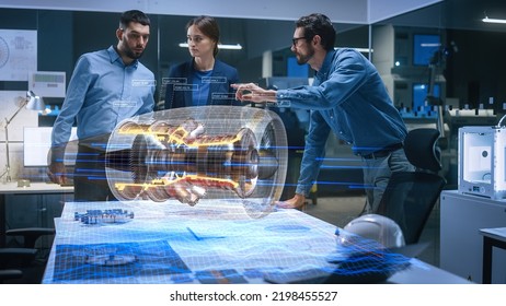 Aeronautics Factory Meeting Room: Team of Diverse Engineers and Managers Work on an Augmented Reality Airplane Jet Engine Simulation. Advanced Industry 4.0 Research and Development Concept.