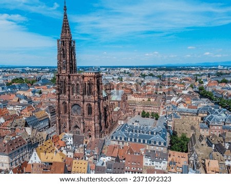 Aerophotographie. View from flying drone. Panoramic cityscape of old town. Cathedral of our lady of Strasbourg (Cathedrale Notre-Dame de Strasbourg).