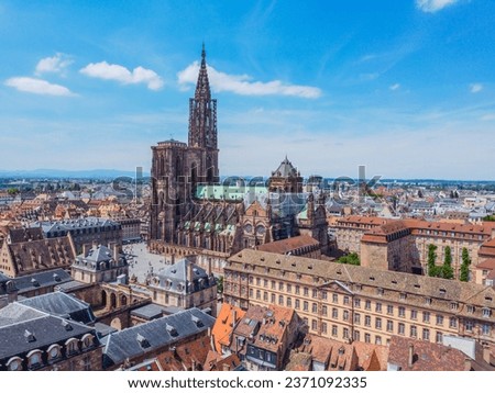 Aerophotographie. View from flying drone. Panoramic cityscape of old town. Cathedral of our lady of Strasbourg (Cathedrale Notre-Dame de Strasbourg).