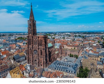 Aerophotographie. View from flying drone.Panoramic cityscape of old town of Strasbourg, France. Cathedral of our lady of Strasbourg (Cathedrale Notre-Dame de Strasbourg).