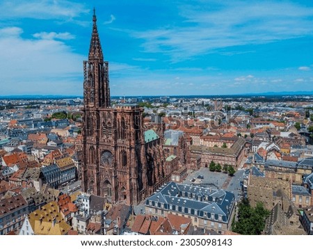 Aerophotographie. View from flying drone.Panoramic cityscape of old town of Strasbourg, France. Cathedral of our lady of Strasbourg (Cathedrale Notre-Dame de Strasbourg). Foto d'archivio © 