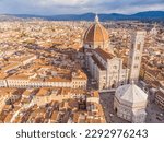 Aerophotography. View from a flying drone. Panoramic image of the cityscape of Florence, Italy during sunset. Santa Maria del Fiore