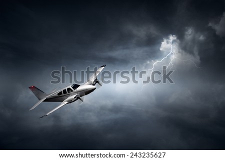 Aeroplane flying in storm with lightning (Concept of risk - digital artwork)