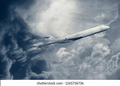 Aeroplane Flying Through Turbulence Storm And Dark Cloud On The Sky