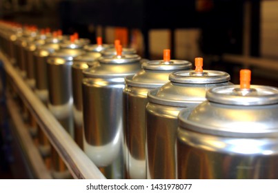 Aerosol Cans On Production Line In Factory