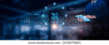 Aerospace: Businessman using tablet analyzing aerospace record on tablet. Digital simulation and network connection on modern virtual screen interface, innovation, technology and network.