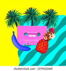 Aesthetic Art Collage. Beach Retro Palm Cassette.  Zine Culture Trend