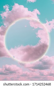 Aesthetic art collage and beautiful turquoise sky and pink clouds   yellow circle light frame  Angel paradise concept and space for text