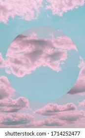 Aesthetic art collage and beautiful turquoise sky and pink clouds   mirror reflection in circle frame  Angel paradise concept