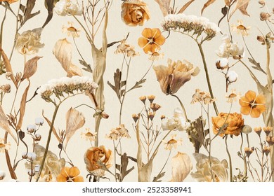 Aesthetic autumn flower background, seasonal botanical illustration. Dried flower background, aesthetic flower backdrop, autumn flower background. Beige aesthetic.