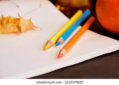 Aesthetic autumn layout among leaves   colored pencils  Create blank album layout  Sustainable  eco  friendly lifestyle background  Halloween wish 