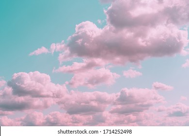 Aesthetic Background With Beautiful Turquoise Sky With Pink Clouds And Circle Light Frame. Minimal Creative Concept Of Angel Paradise