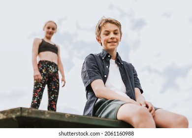 Aesthetic Background, Kids Sitting On A Roof, Family Photo