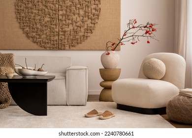 Aesthetic composition of living room interior with mock up poster frame, modular sofa, oval shapes armchair, stylish coffee table, vase with rowan and personal accessories. Home decor. Template. 