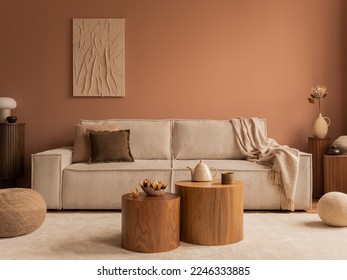 Aesthetic composition of living room interior with mock up poster frame, modular sofa, wooden coffee table, vase with dried flowers, pillows, armchair and personal accessories. Home decor. Template.  - Shutterstock ID 2246333885