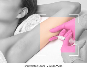 Aesthetic cosmetologist makes lipolytic injections to burn fat on the arm and body of a woman. Female aesthetic cosmetology in a beauty salon.Cosmetology concept.