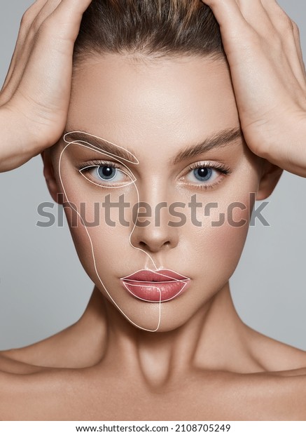 Aesthetic cosmetology, face care. Portrait\
of beautiful woman with lifting lines on\
skin