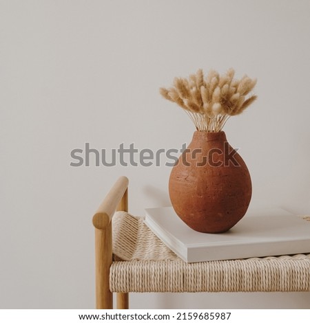 Aesthetic luxury bohemian flowers composition. Elegant gentle rabbit tail grass stalks bouquet in ginger clay pot on rattan bench