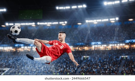 Aesthetic Shot Of Athletic Caucasian Soccer Football Player Doing Beautiful Overhead Kick On Stadium With Crowd Cheering. International Championship Final Match on Arena Full Of Loyal Fans. - Powered by Shutterstock