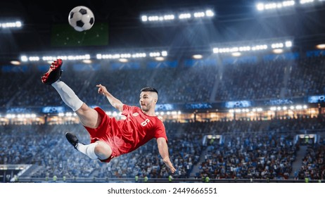 Aesthetic Shot Of Athletic Caucasian Soccer Football Player Doing Beautiful Overhead Kick On Stadium With Crowd Cheering. International Championship Final Match on Arena Full Of Excited Fans. - Powered by Shutterstock