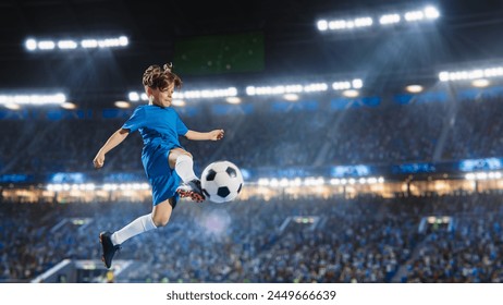 Aesthetic Shot Of Athletic Child Soccer Football Player Jumping And Kicking Ball Mid-Air On Stadium WIth Crowd Cheering. Young Boy Scoring a Goal on Junior World Championship Tournament Match. - Powered by Shutterstock