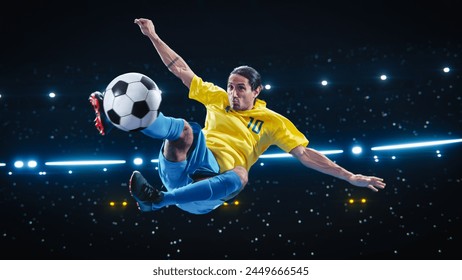 Aesthetic Shot Of Athletic Hispanic Soccer Football Player Doing An Overhead Kick on Black Background Under Spotlight. Professional Sportsman Scoring a Winning Goal During International Chapmionship. - Powered by Shutterstock