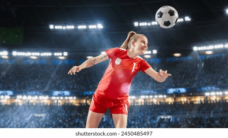 Aesthetic Shot Of Professional Female Soccer Football Player Doing A Head Kick on Stadium WIth Crowd Cheering. Winning Goal on International Championship Final Match on Arena Full Of Loyal Fans. - Powered by Shutterstock