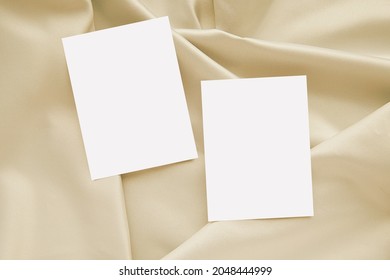 Aesthetic Two Blank Cards Set Mockup For Notecard, Washing Instruction Card Design, Flat Lay On Cream Color Fabric.